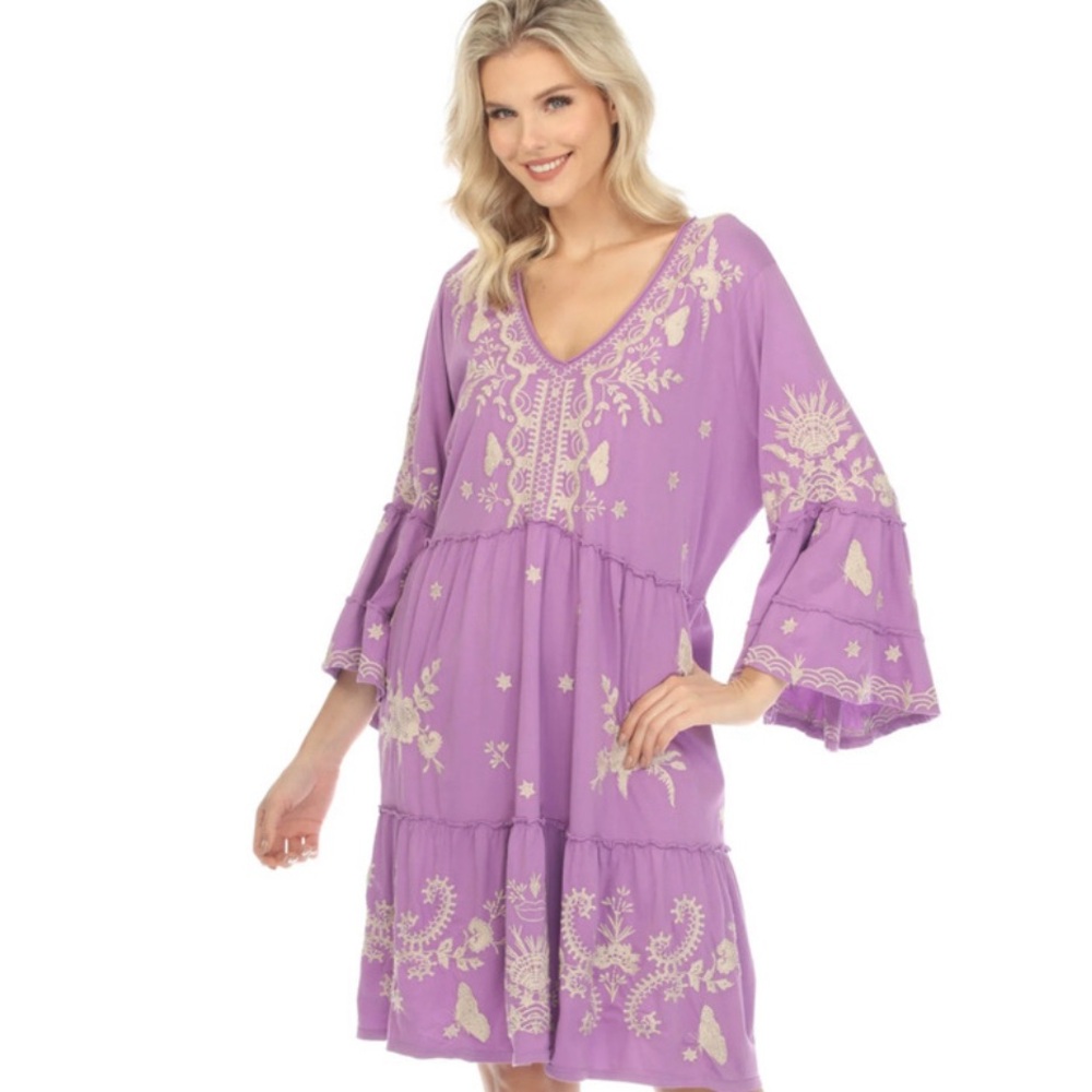 Johnny Was Arzella Knit Easy Tiered lavender embroidered dress, size small